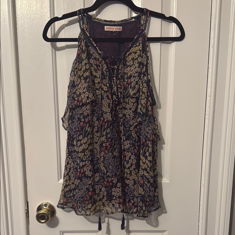 Rebecca Taylor Navy Multi Floral Lace-Up Tassel Camisole